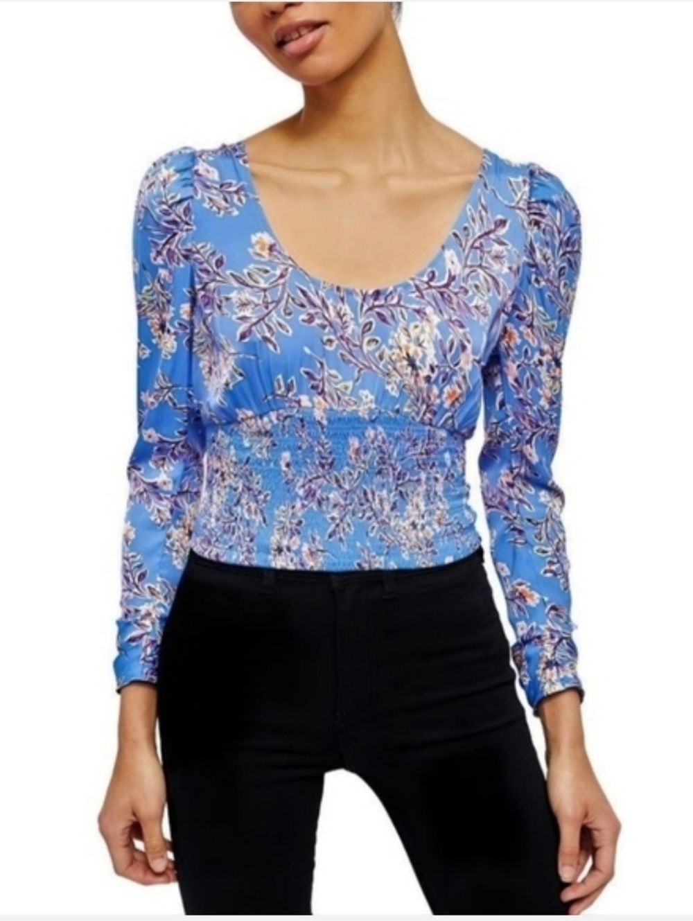Free People Santiago Bluebell Blue Combo Smocked Floral Print Blouse Top